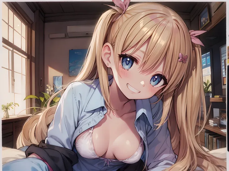 1girl,solo,blond hair,twintail,(light grin:1.4),(smile:1.2),bangs,blue eyes,(large breasts:0.5),open formal shirt,sakura pattern bikini,panties,white background,