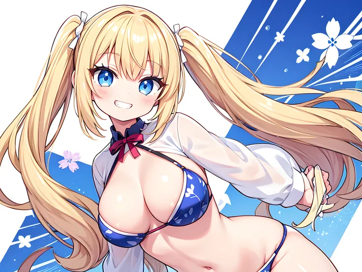 1girl,solo,blond hair,twintail,(light grin:1.4),(smile:1.2),bangs,blue eyes,(large breasts:0.5),open formal shirt,sakura pattern bikini,panties,white background,