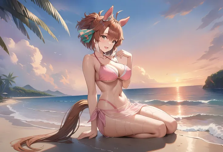 
dantsu_flame(umamusume), hiten kei style, claude monet, oil painting, masterpiece, hyper realistic, realistic skin, best quality, 1girl, seaside, large breasts, bikini, pink swimsuit, full body, vector illustration, light smile, bangs, ponytail, stomach, ...