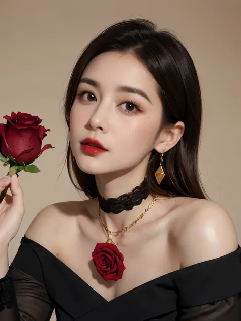 8K, original photo, Fujifilm, Styled photo of a beautiful 45 year old woman, square face, A red rose around the neck, Wearing a black lace dress with red, gold earrings, Features as powerful as a spinning dove, (highly refined skin: 1.2), medium brown hair...