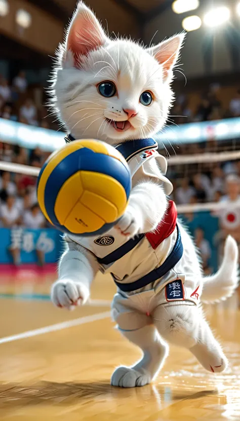 ((8k)), highest quality, 超High resolution, (High resolution), A white kitten is playing volleyball in the uniform of the Japanese national volleyball team, Jumping、Attacking the ball, Volleyball court, Loud cheers from the audience, 