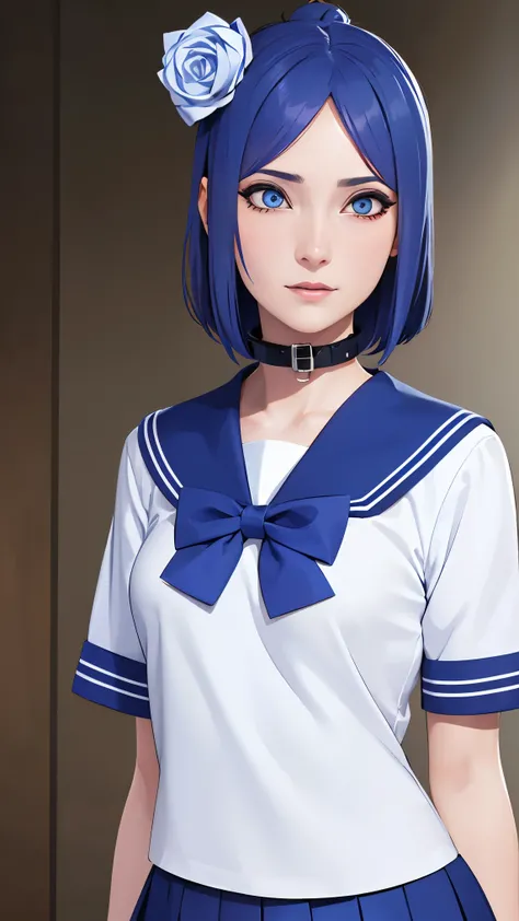 （（danya，konan (naruto),konan, blue hair, Orange pupils, short hair, hair ornament, flower, hair flower, ）））
BREAK ((blue bowtie, school_uniform,blue_sailor_collar,short_sleeves,blue and white skirt:1.5)) 
BREAK Tsundere,Evil smile,Top image quality,Best Qu...