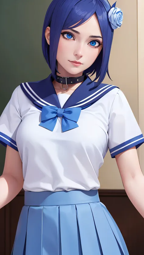 （（danya，konan (naruto),konan, blue hair, Orange pupils, short hair, hair ornament, flower, hair flower, ）））
BREAK ((blue bowtie, school_uniform,blue_sailor_collar,short_sleeves,blue and white skirt:1.5)) 
BREAK Tsundere,Evil smile,Top image quality,Best Qu...