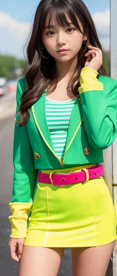 Cute Teen Idol Girl、whole body、Good style、、、、、、、、、、Sun-tanned thick legs、Gold and fluorescent green striped suit（Tight Skirt、Cool belt）、Cool girl face、Glowing