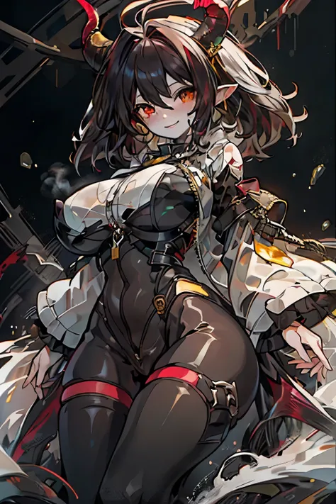 ((1 succubus,Transparency,Reddish skin,Sexual desire,smile,,Black shaggy hair,))),
((Huge breasts,Big thighs,Huge ram horns,See through)),
Black bodysuit,first round,Open the zipper,Yellow frills,
Yellow big sleeves,black small hat,Yellow Thigh Boots,
Love...