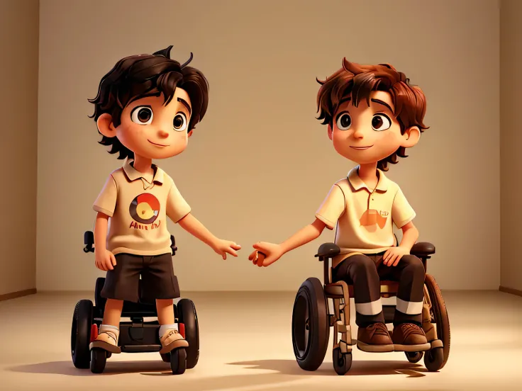 Make a picture of a 7-year-old autistic boy with messy black hair and deep brown eyes standing next to his friend, a wheelchair-bound boy with red hair. The friends are holding hands and the background is in a very light beige tone with golden lights refle...