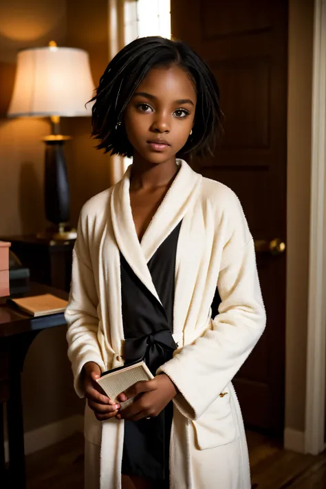 (Cute tween fashion model), Beautiful Ebony Girl, robe, perfect eyes, looking at the camera, Intricate details, interior, Warm Light, muted colors, Standing while holding a book
