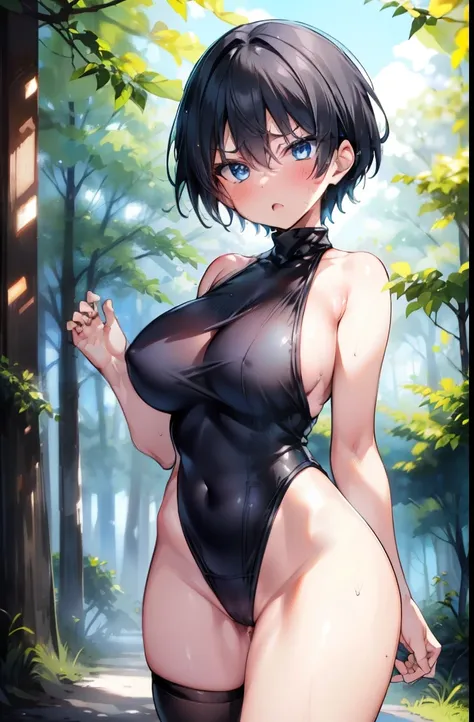 boyish,Very short hair,Black Hair,Large Breasts,Black leotard,High Leg,blush,Serious face,blue eyes,forest,Sweaty,Cowboy Shot,barefoot,Are standing,Haa,Please open your mouth wide,Embarrassing,