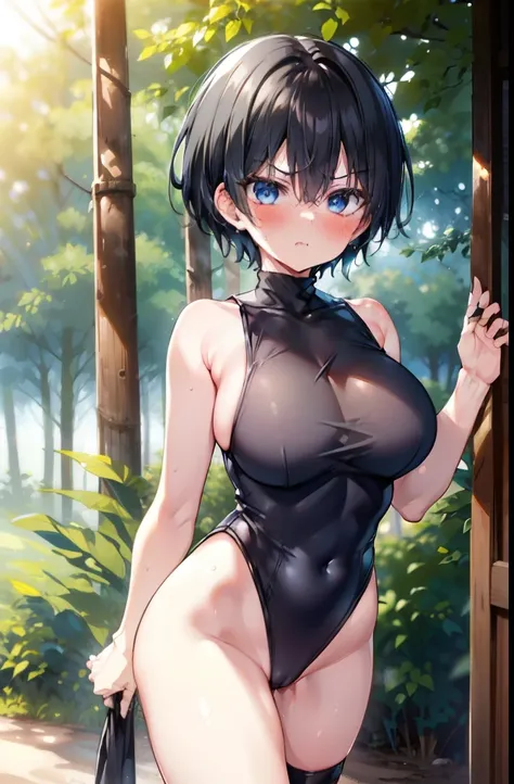 boyish,Very short hair,Black Hair,Large Breasts,Black leotard,High Leg,blush,Serious face,blue eyes,forest,Sweaty,Cowboy Shot,barefoot,Are standing,Haa,Please open your mouth wide,Embarrassing,