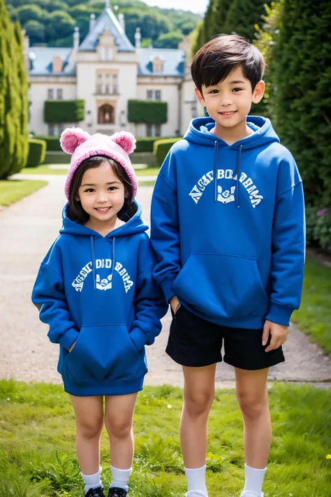 A girl and a boy are standing in front of a castle、Hoodies for boys and girls