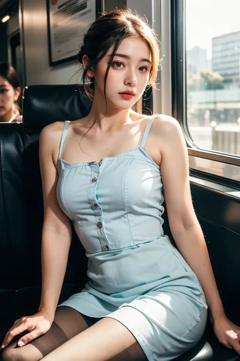 (masterpiece, Highest quality, 8k, RAW Photos, beautifully、beautiful:1.2),  Intricate details, indirect lighting, Realistic,
whole body, Sitting on a chair on the train、Gazing at the audience、Voyeur、
 Square neck button-down linen sundress, (Ultra-realisti...