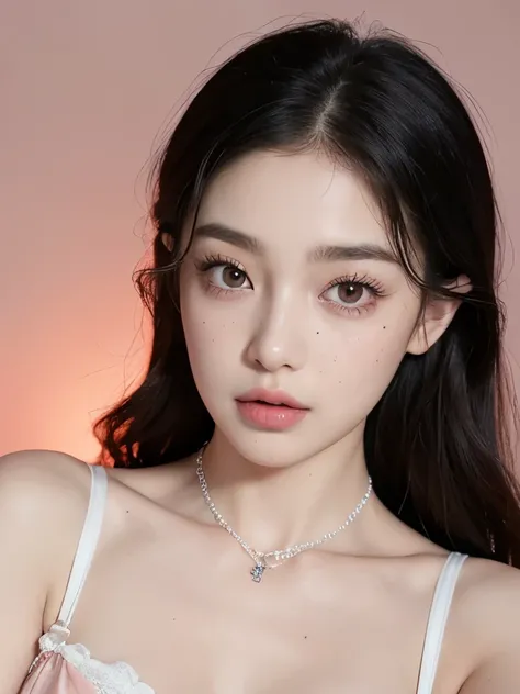 Kim Jennie with black hair, with curlers at the ends, Brown eyes, Beautiful eyes, crying eyes, Beautiful, splash nose, watery nose, Beautiful lips, pink lips, heart and cupid shaped lip, beautiful skin, pale white skin, with moles and freckles all over his...