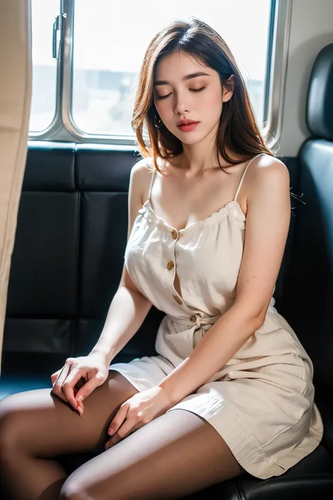 (masterpiece, Highest quality, 8k, RAW Photos, beautifully、beautiful:1.2),  Intricate details, indirect lighting, Realistic,
whole body, Sitting on a chair on the train、close your eyes、Sleep、Voyeur、
 Square neck button-down linen sundress, (Ultra-realistic...