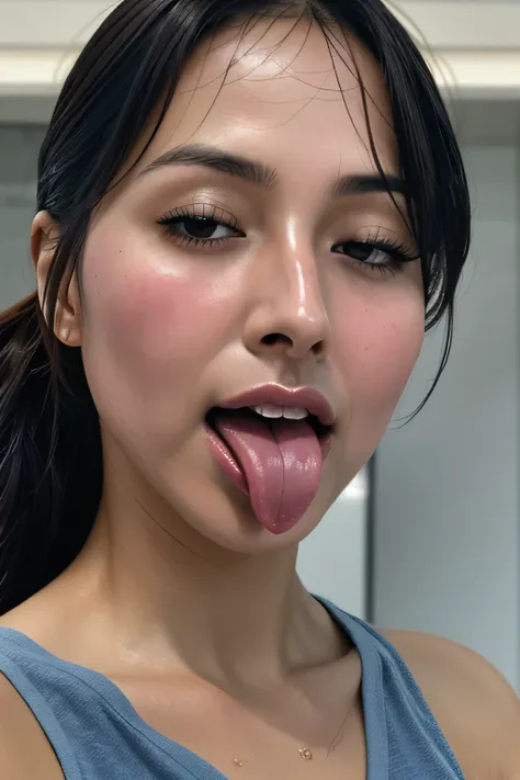 Tabletop,,Award-winning photo, Very detailed, Sharp focus on the eyes, Nose and mouth,Face Focus, Woman with open mouth and closed eyes, Blue camisole、Age 35,Black-haired、Symmetrical face,Realistic nostrils、Angle from below,,Sweaty skin、Lighting that highl...