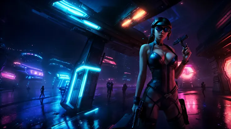 at night. futuristic space aircraft docking platform, neon-themed artwork with vibrant purple and blue colors, intense neon lights illuminating the entire scene, a dense layer of mist creating a dreamy atmosphere, a captivating and mesmerizing background w...