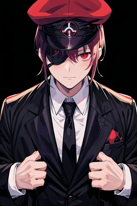 Anime character wearing a suit, tie and red hat, 2D anime style, portrait gapmoe yandere grimdark, He wears an eyepatch, Illustration by Shigenori Soejima, zerochan art, zerochan, gapmoe yandere, Dark suit, JK, Official Art, He is wearing a suit, Trigger a...