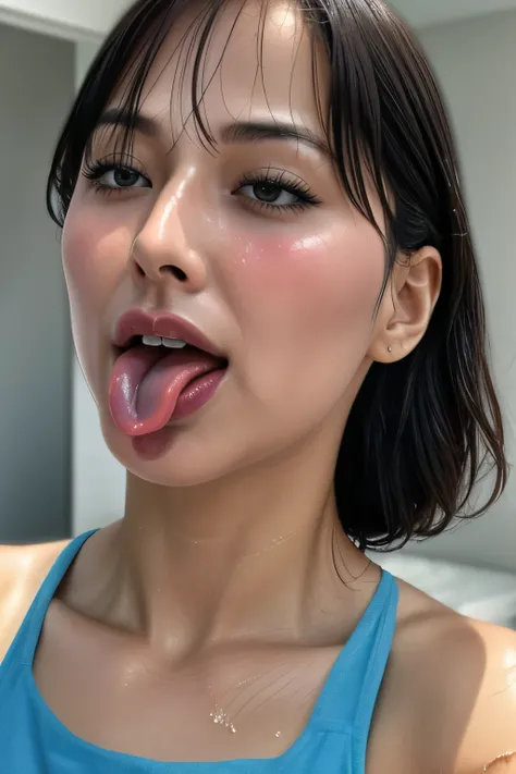 Tabletop,,Award-winning photo, Very detailed, Sharp focus on the eyes, Nose and mouth,Face Focus, Woman with open mouth and closed eyes, Blue camisole、Age 35,Black-haired、Symmetrical face,Realistic nostrils、Angle from below,,Sweaty skin、Lighting that highl...
