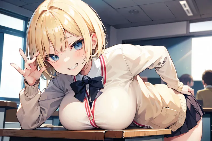 Blonde, short bob hair, big breasts, uniform, cardigan, classroom, Leaning forward,grin