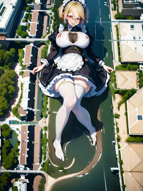 multiple girls, 3girls, lying, giantess art, highly detailed giantess shot, giantess, most detailed, perfect face, two legs, five fingers, short hair, beautiful girl bigger than a skyscraper, wearing rimless glasses, smiling, huge breasts, maid, maid outfi...