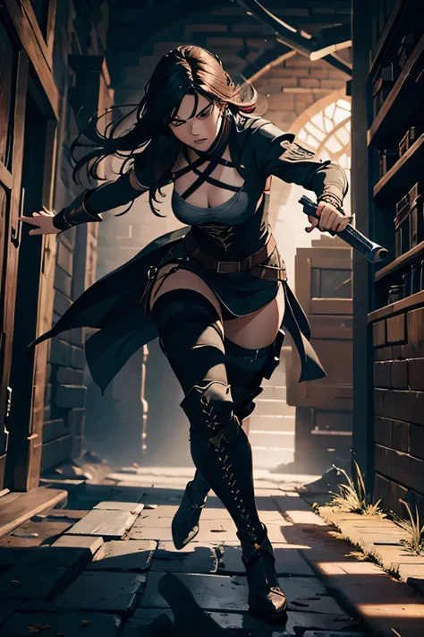 make an illustration of female assassin, medieval time, holding billet, about 30 years old, furious expression, full body pose, dynamic pose, full posture, high res, ultra sharp, 8K, masterpiece, looking at viewer, perfect finger and hand