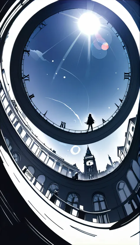 ((Picture books))、High contrast、(8k, Highest quality)、Ultra-high resolution、adorable、Highest quality, beautiful, Absurd beauty、masterpiece、Best image quality、Clock Tower and Girl Theme、European Landscape、Clock Tower Background、A girl taking a commemorative...