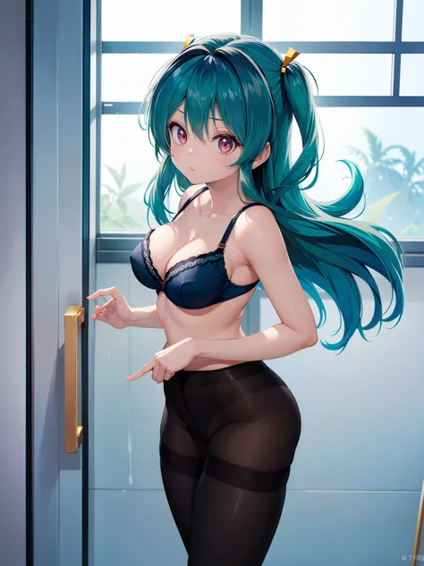 (1 Girl:1.2),(high quality), (High resolution), (Very detailed), (8k),(Demolition paperback correct)、Urusei Yatsura、Ram-chan、((Sexy Lingerie))、Wearing a sailor uniform、((Focus on the whole body))、Nipple Shape、((Black Pantyhose))、Hair messed up by the stron...