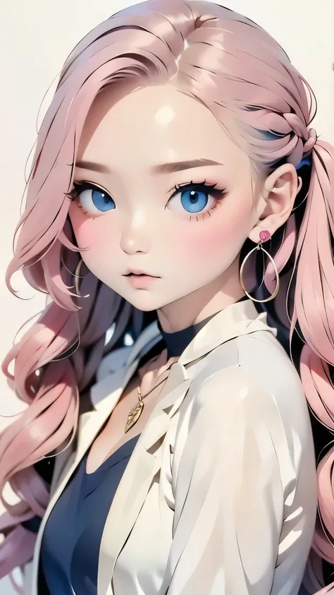 rainbow, One Girl, alone,So cute, Long Hair, Show Viewer, Blue Eyes Background, White Background, jewelry, Mouth closed, Jacket, Upper Body, Pink Hair, Earrings, Pink Eyes, necklace, From the side, sweater, lips, eyelash, Compensate, Wavy Hair, Earrings, c...