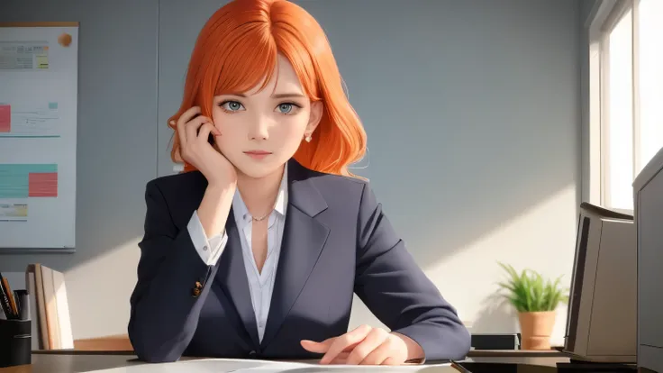 /draw orange hair woman green eyes sitting at desk talking on telephone with computer monitor, 1 9 8 0 s vaporwave business fashion, business woman, 1 9 8 0 s woman, woman in business suit, young business woman, denis velleneuve, female in office dress, sa...