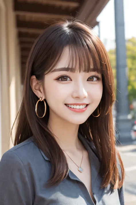 Highest quality, ,smile、Beautiful teeth alignment、Light brown hair、Dark eyeliner、、Long sleeve blouse、ear piercing、necklace, , Face Focus、The background is the building&#39;s corridor.