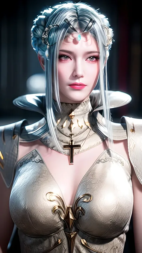 best quality, masterpiece, Big , (Large Breasts), Delicate skin texture, Detailed fabric texture, Delicate face, Super Detail, 8k, Intricate details, 1 Girl, 30 years old, High contrast, High resolution eyes, Silver Hair Goddess，Royal sister，Sexy。