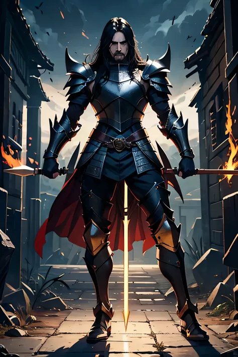 make an illustration of male gate guardian, medieval time, chest plate armor,  holding spear, about 35 years old, long black hair, furious expression, full body, still pose, full posture, high res, ultra sharp, 8K, masterpiece, looking at viewer, perfect f...