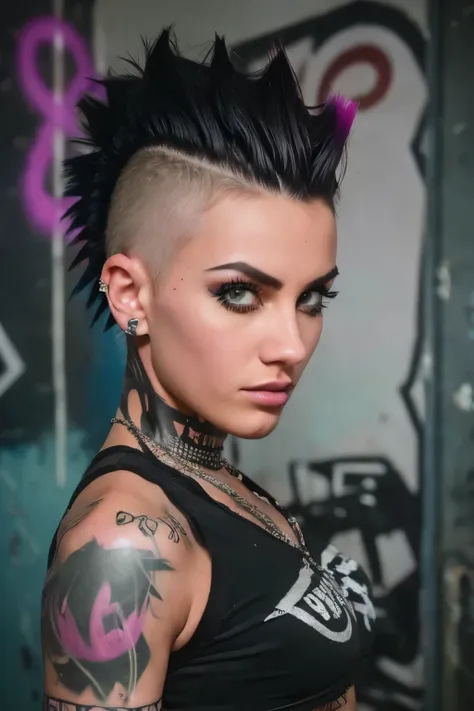 photorealistic, ultra-detailed, ((rocker punk girl, spiky mohawk hair)) girl, hot body brazilian girl v.it:1.4, abs, tattoo, t-s...