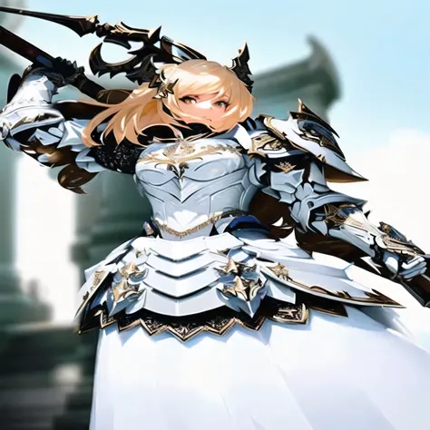 a woman in armor holding a sword and a sword, glossy white armor, detailed white armor, white armor, intricate white armor, white and gold heavy armor, sleek bright white armor, Intricate white and gold armor, white plated armor, Dazzling Armor, girl in ar...