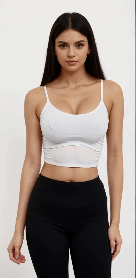 a woman in a white top and black pants posing for a photo, top cut, top cut, tight fitted regatta, wearing top cut, usando um top cropped sexy, bralette, regatta, smallest belly ever, sleeveless tops, wearing short tops, halter top, wearing simple, tight-f...