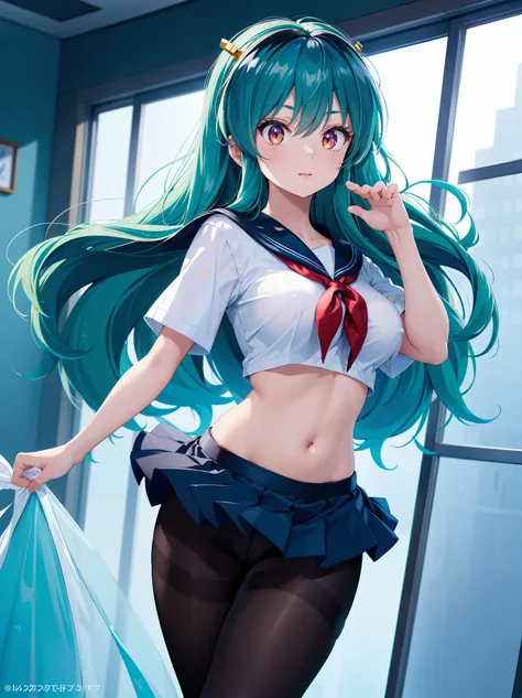 (1 Girl:1.2),(high quality), (High resolution), (Very detailed), (8k),(Demolition paperback correct)、Urusei Yatsura、Ram-chan、Sexy Lingerie、Wearing a sailor uniform、((Focus on the whole body))、Nipple Shape、((Black Pantyhose))、Hair messed up by the strong wi...