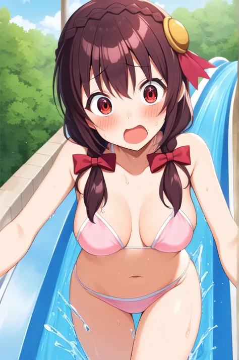 alone, One girl, Yunyun、blush 、View your viewers, Crown braids of the same color as your hair, Red Eyes、hair ornaments, Hair Ribbon, (White and pink bikini)、(Sliding down a water slide at a pool)、So wet、(Surprised expression:1.5)、water(Splashes)