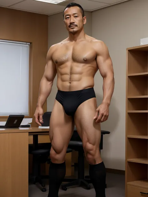 40 years old，Hidetoshi Nakata，（Kogoro Mori 1.3），whole body，Black socks，Two skinny muscular men standing，office，Thick body hair，Red underwear，Topless，Densely hairy，Fortitude，HD，With a mustache，Tights