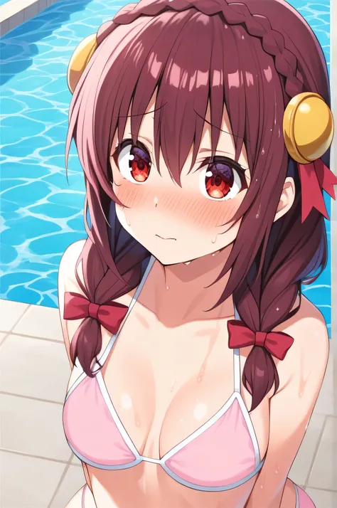 alone, One girl, Yunyun、(blush:1.2) 、View your viewers, Crown braids of the same color as your hair, Red Eyes、hair ornaments, Hair Ribbon, (White and pink bikini)、(Poolside)、So wet、(Worried look:1.5)、(Lots of splashes:1.2)