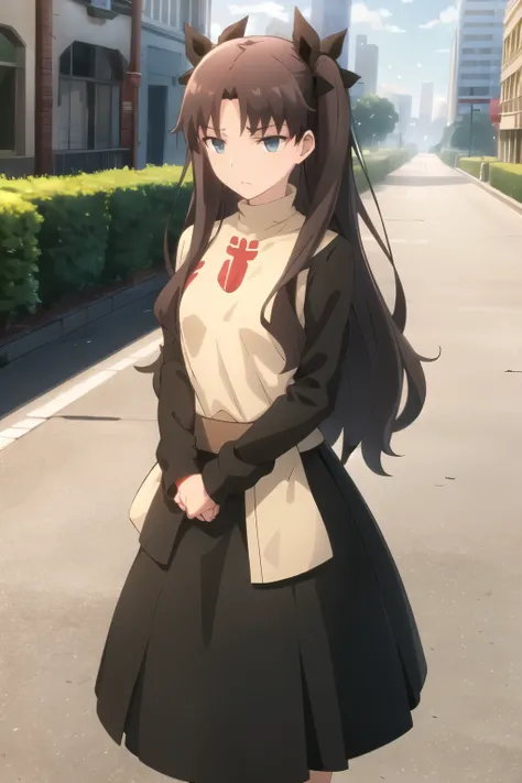 best qualityer, (work of art:1.2), highy detailed,
citys, citysscape, natta,
Tohsaka Rin,
1 girl, standing alone, standing long hair, two sides up, chestnut hair, blue colored eyes, hair ribbon,
red turtleneck, long sleeves, pleatedskirt, Black Skirt, blac...