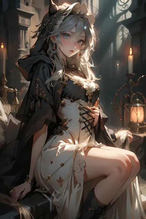 ((best quality)), ((masterpiece)), (detailed), perfect face, a knight, a knight, Bloodborne inspired, tatty Bloodborne attire, occult aesthetic, occult, tatty red and white clothing detailed and intricate steampunk and detailed gothic lolita (with a hood),...