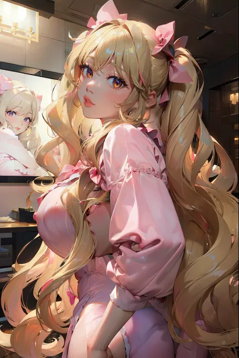  (masterpiece:1.2), super detailed, massive , big ass, juicy lips, big lips, massive lashes, long blonde hair, twin tails, hair down, pink bow, pink clothes, from below,