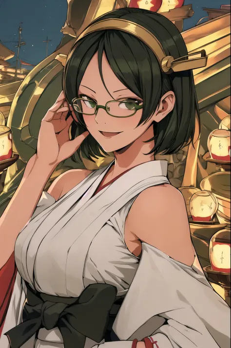 Highest quality, masterpiece, High resolution, alone, {Kirishima_Fleet Collection:1.15}, short_hair, Glasses, black_hair, hairband, Non-traditional_Shrine maiden, Green Frame_Glasses, headgear, smile, One girl, 