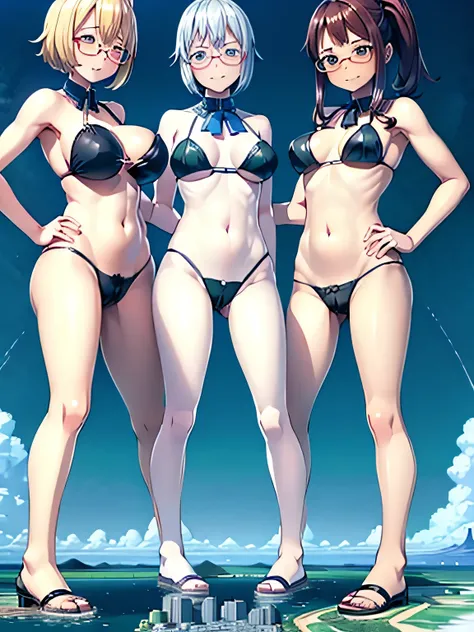 multiple girls, 3girls, standing, giantess art, highly detailed giantess shot, giantess, most detailed, perfect face, two legs, five fingers, short hair, beautiful girl bigger than a skyscraper, wearing rimless glasses, smiling, huge breasts, swimsuit, mai...