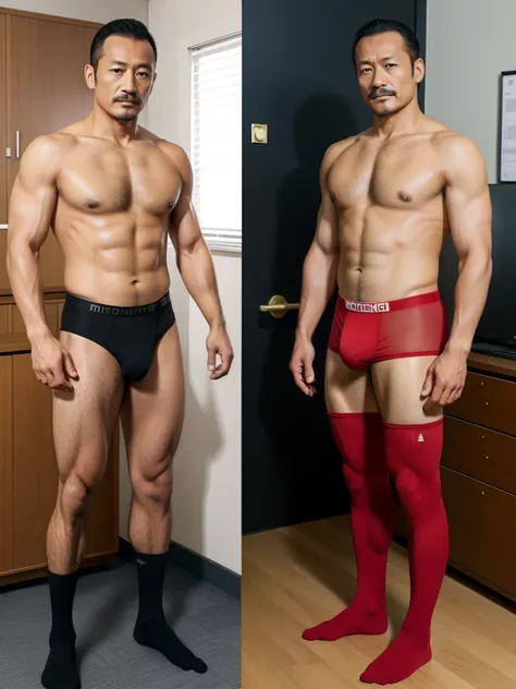 40 years old，Hidetoshi Nakata，（Kogoro Mori 1.3），whole body，Black socks，Two skinny muscular men standing，office，Thick body hair，Red underwear，Topless，Densely hairy，Fortitude，HD，With a mustache，Tights