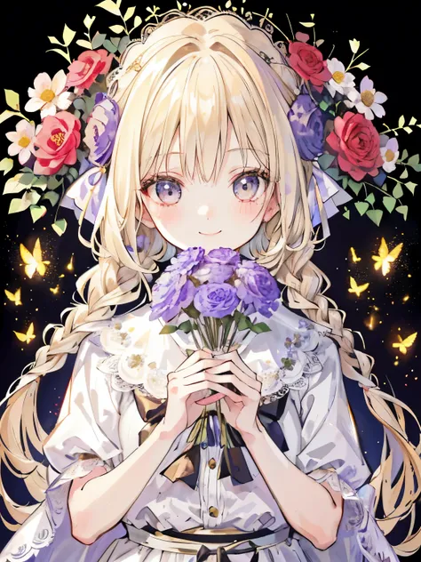 girl,thin blonde hair,long braided hair,holding a bouquet of lace flowers,celebration,｢1300｣characters,big smile,((Flower background:1.3)),close up of face