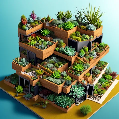 duskametric15, microworld, isometric view, microworld view of greenhouse and succulents and agaves and air plants, artstation, 8...