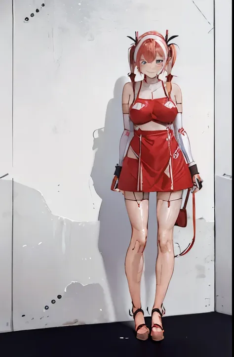 A Female mature robot wears nothing. Her Brown very short pigtails is tied with two big red clothespins, mature, android, blue eyes, full body, Height: 160cm, flushed cheeks, sweat bucket. full body shot, looking straight. Her smile is complete.show White ...