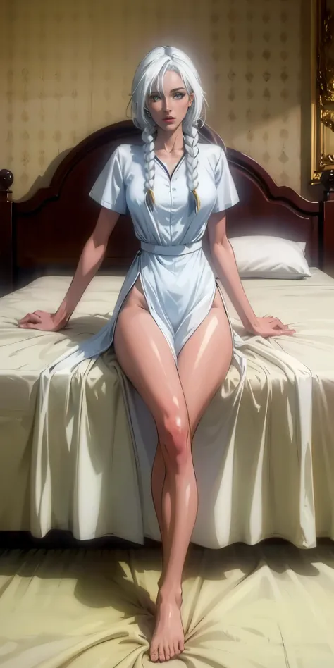 woman white hair golden eyes white skin white clothes bed bedroom side braids open legs high quality masterpiece