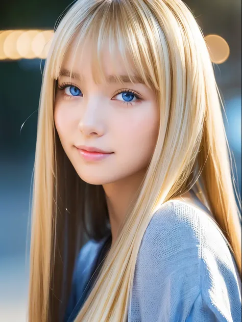Shining, clear, white skin、Windblown hair obscures her pretty face、huge、20歳のかわいいセクシーな小さなBeautiful Face、Beautiful, shiny straight hair stands out、Spectacular, bright light blue eyes、Long, silky bangs that cover cute eyes, Sexy face hiding hair super long ha...