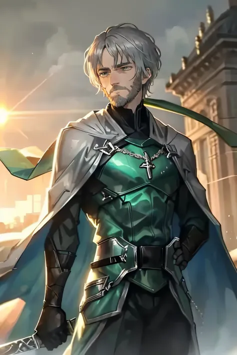 masterpiece, highest quality, 1 person, elder, green fancy clothes, gray hair, green eyes, short hair, shiny beard, good looking...